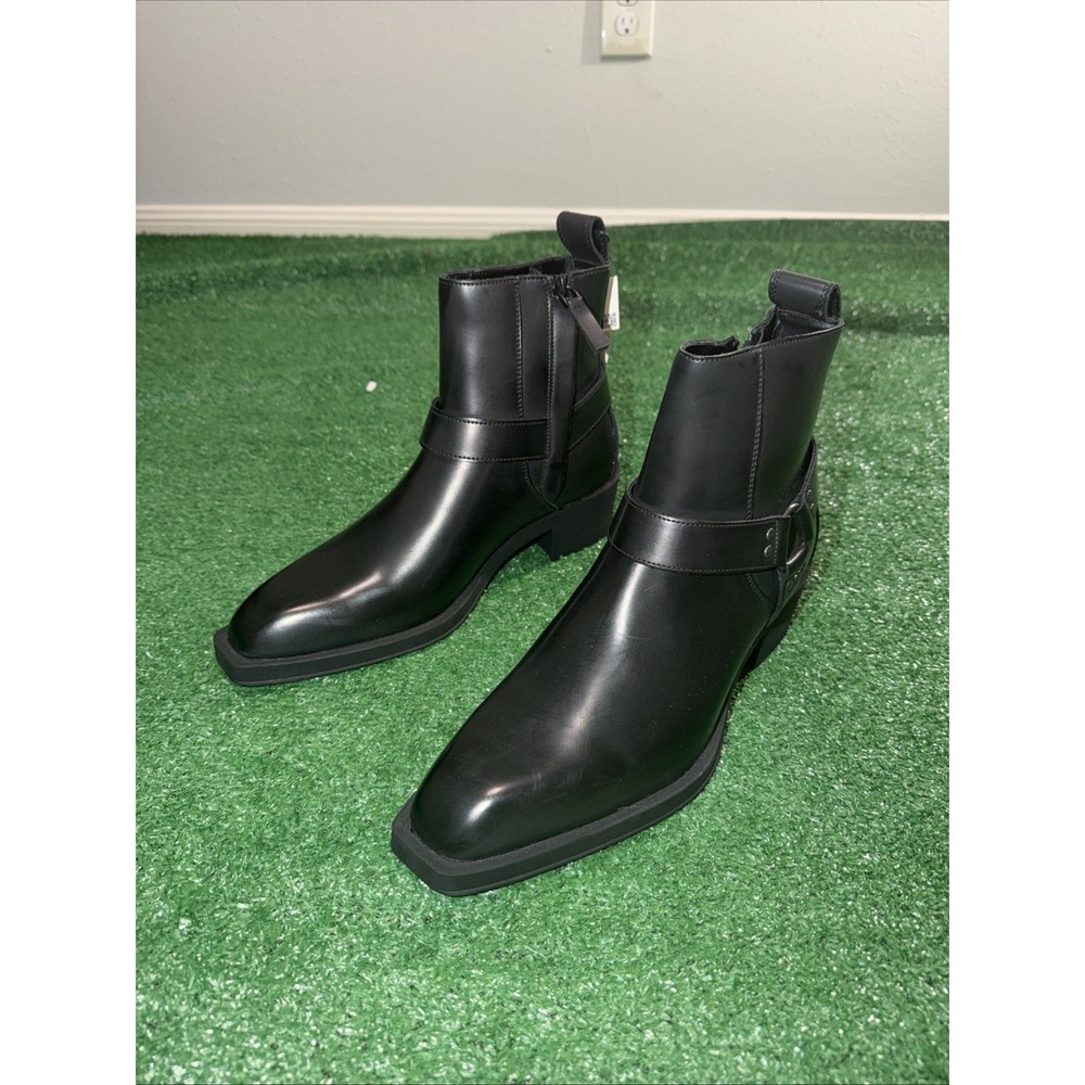 Zara Men's Black Buckle Cowboy Boots Size 8 Side Zip Western Ankle Boots